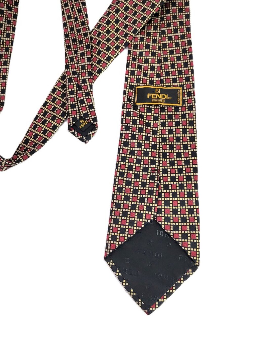 Vtg Fendi Cravatte Silk Tie Mens Geometric Square Diamond Red Black Gold Italy